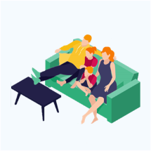 cartoon of family sitting on basement couch