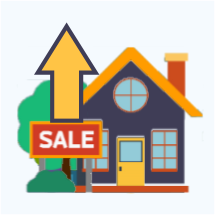 cartoon image of house with for sale sign and arrow pointing up