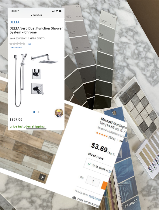 bathroom ideas including paint chips, tile samples, and screen clips of products online